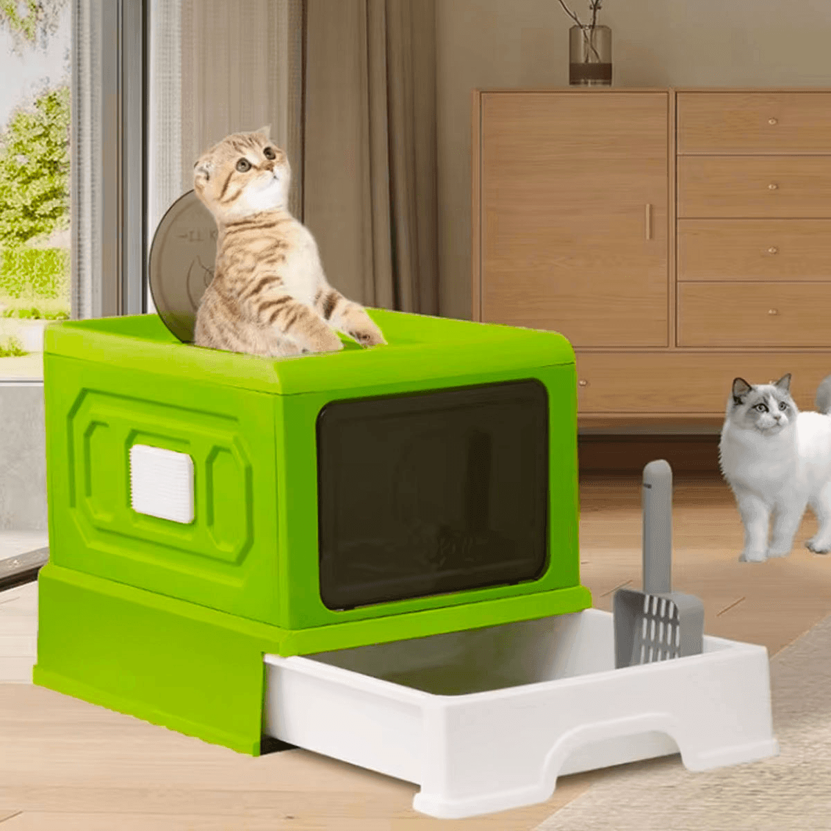 Foldable Enclosed Cat Litter Box 50cm - Drawer Tray, Anti-Splash, Privacy Panels - Blue