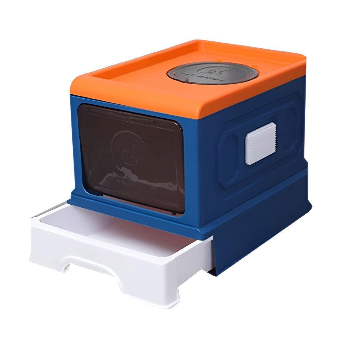 Foldable Enclosed Cat Litter Box 50cm - Drawer Tray, Anti-Splash, Privacy Panels - Blue