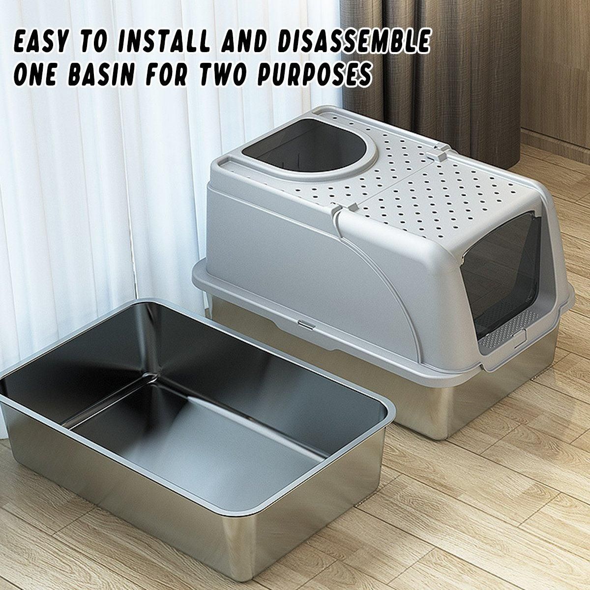 Premium Stainless Steel Cat Litter Box with Flip Cover - Grey