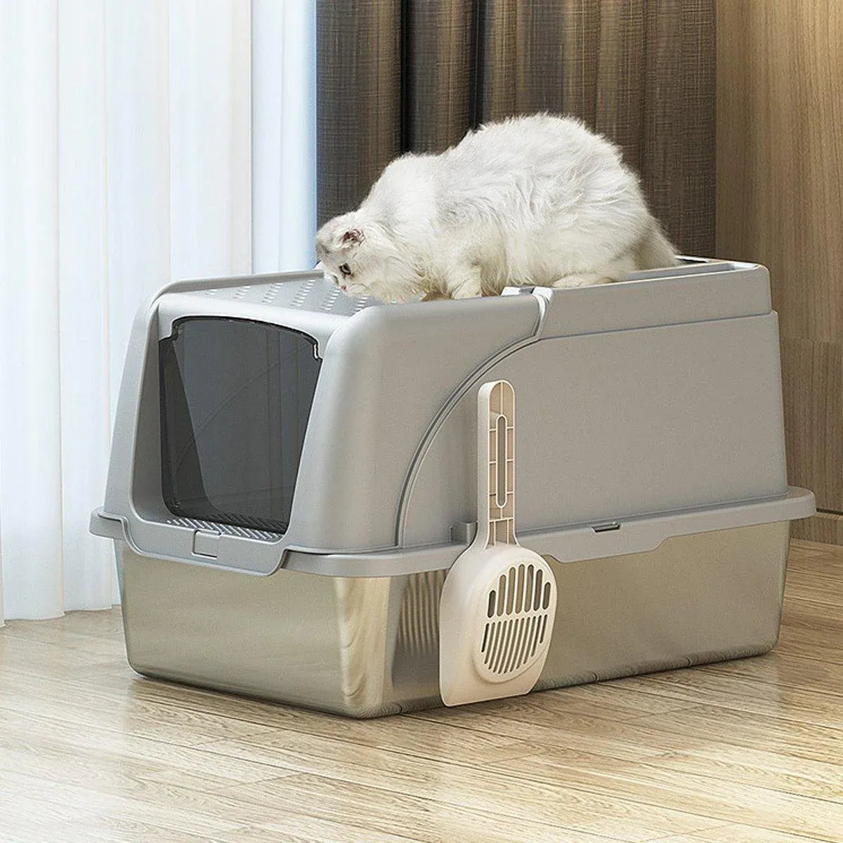 Premium Stainless Steel Cat Litter Box with Flip Cover - Grey
