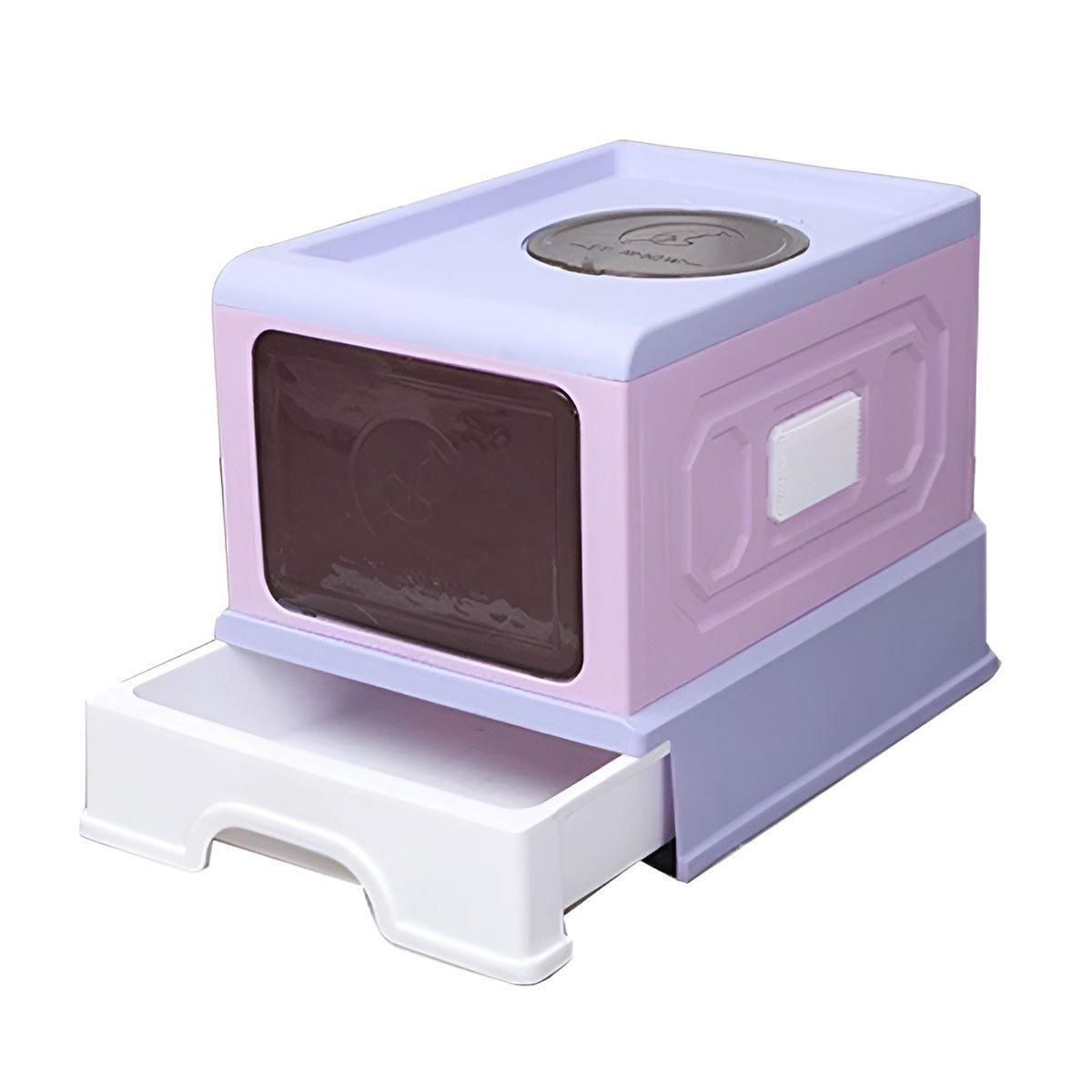 Foldable Enclosed Cat Litter Box 50x38x38cm - Drawer Tray, Anti-Splash, Purple