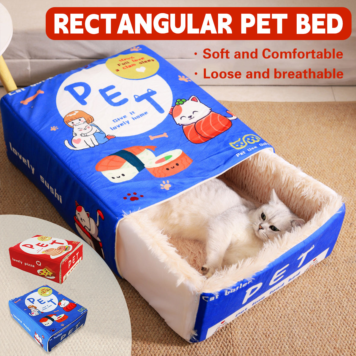 Rectangular Cookie Box Pet Bed for Cats Dogs - Blue M, Enclosed Warm Design
