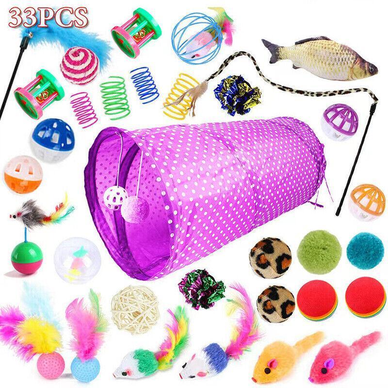 33PCS Cat Toy Set with Tunnel Balls Mice and Interactive Teaser Wands