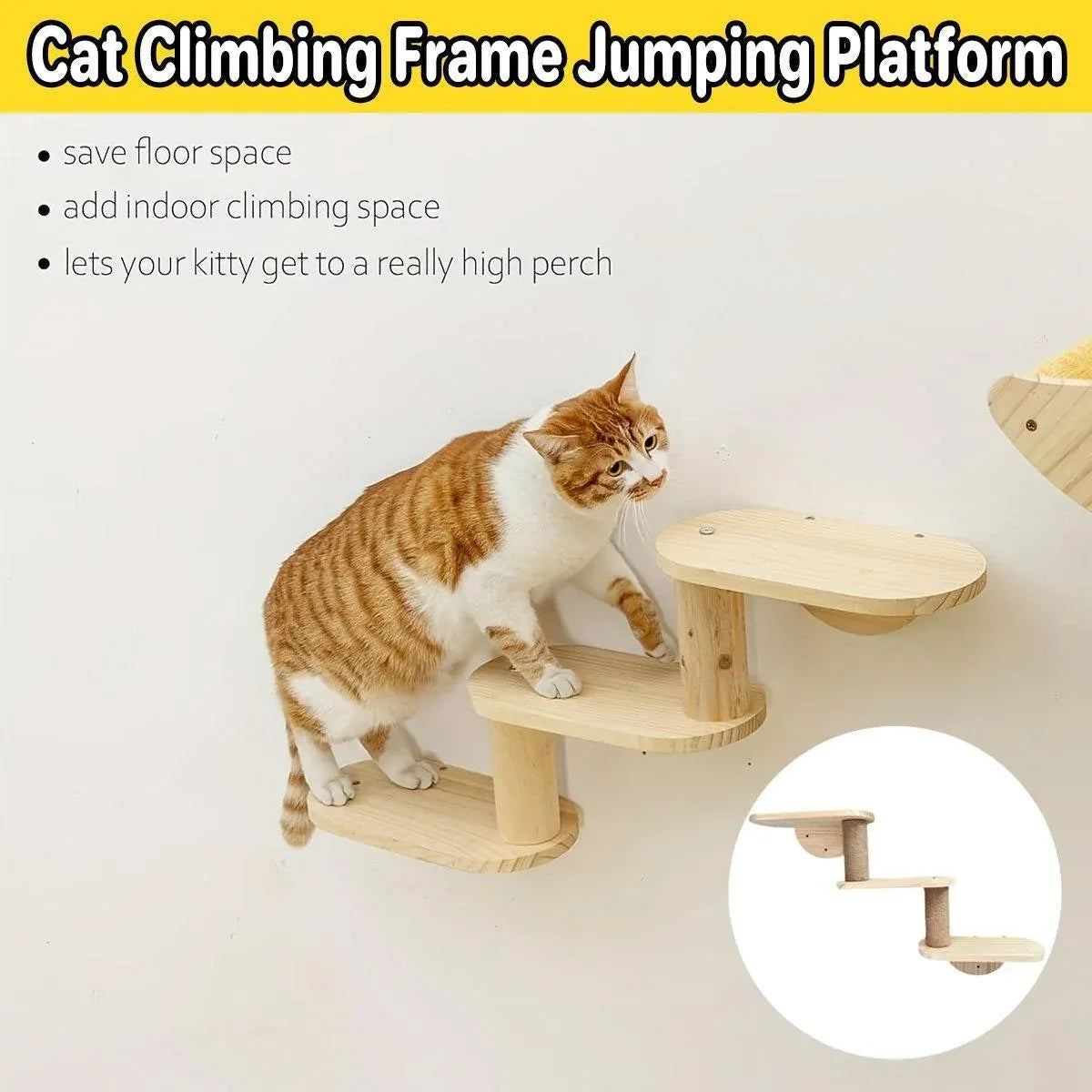 Premium Solid Wood Wall Mounted Cat Climbing Tree with Sisal Scratcher