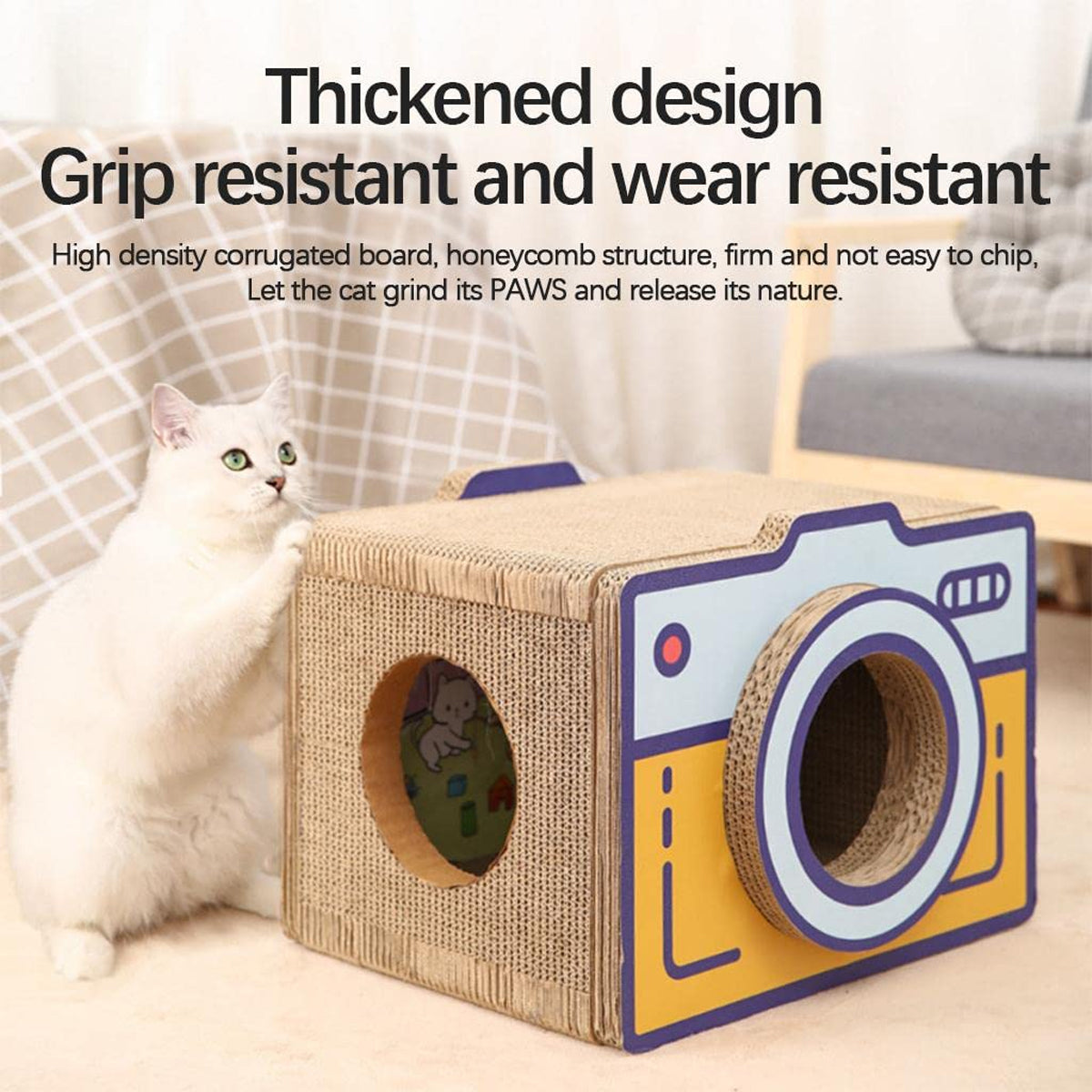 Cat Scratcher Bed Retro Camera Design 60cm x 33cm x 45cm Corrugated Cardboard Nest