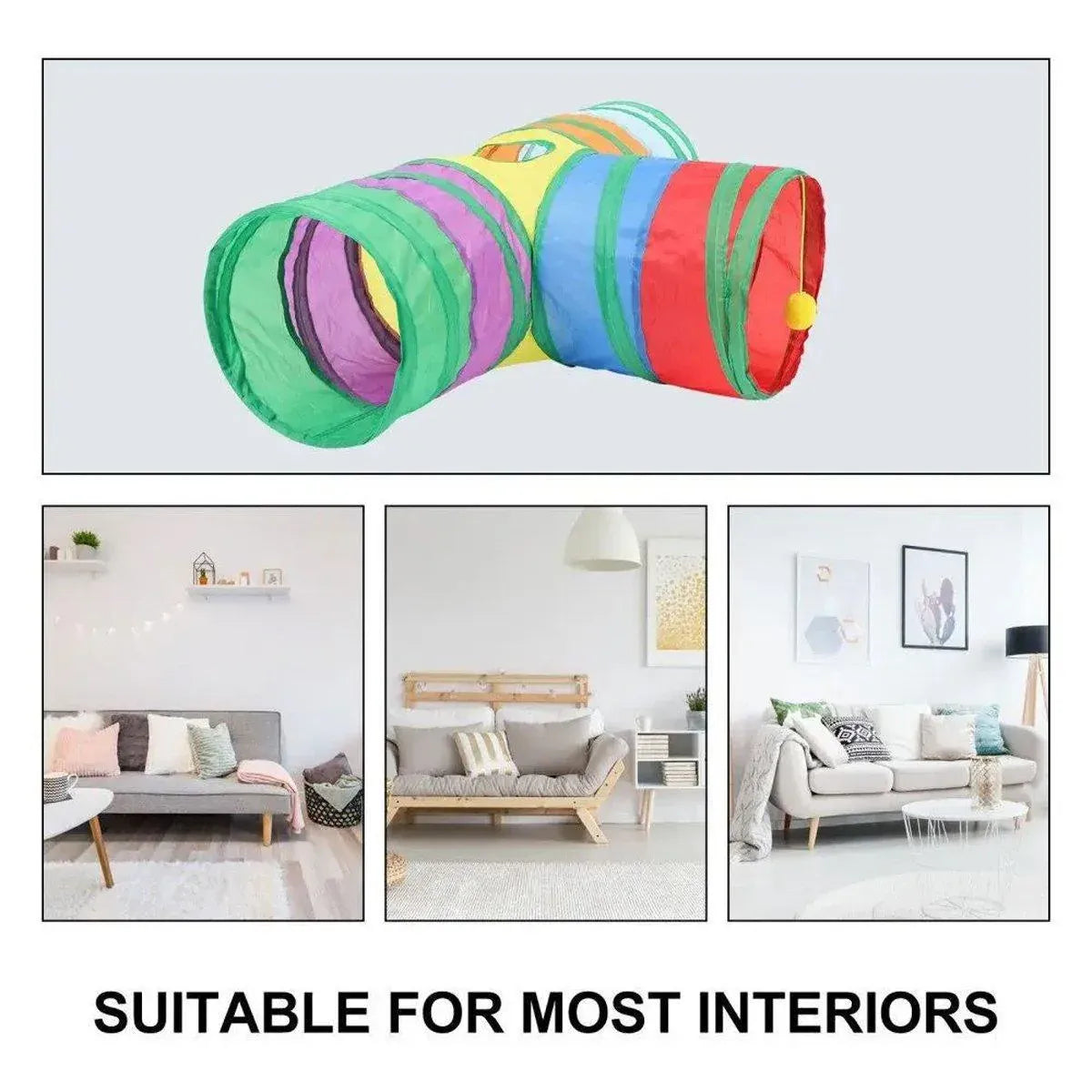 Premium Foldable Rainbow Cat Tunnel with Hanging Ball Toy