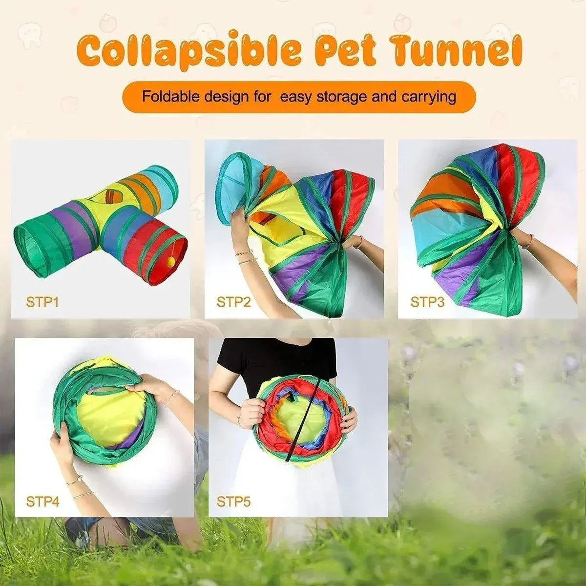 Premium Foldable Rainbow Cat Tunnel with Hanging Ball Toy