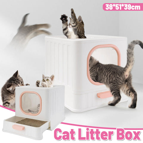 Pink Fully Enclosed Cat Litter Box 38x51x39 cm with Pull-Out Tray - SuperSaverAU - view 1