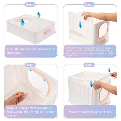 Pink Fully Enclosed Cat Litter Box 38x51x39 cm with Pull-Out Tray