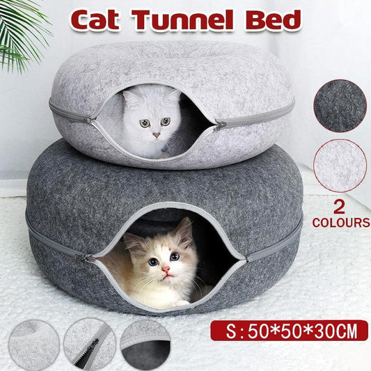 Felt Cat Tunnel Bed Donut Cave Nest for Kittens & Small Pets - S 50x30cm - Light Grey