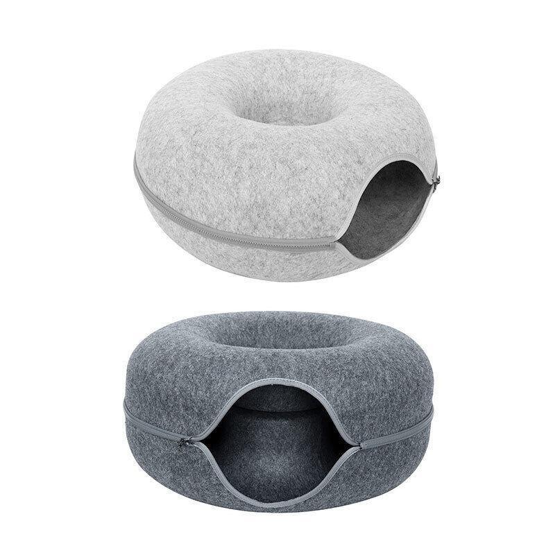 Felt Cat Tunnel Bed Donut Cave Nest for Kittens & Small Pets - S 50x30cm - Light Grey