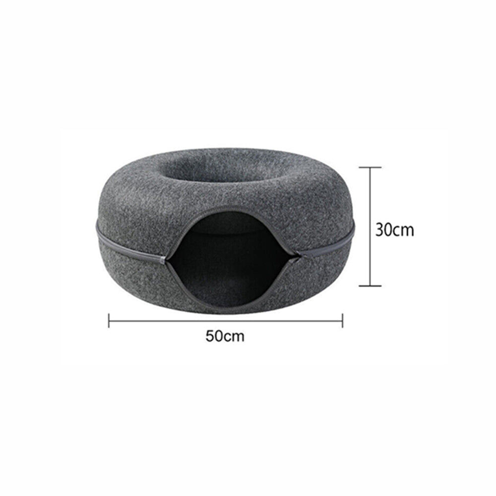 Felt Cat Tunnel Bed Donut Cave Nest for Kittens & Small Pets - S 50x30cm - Light Grey