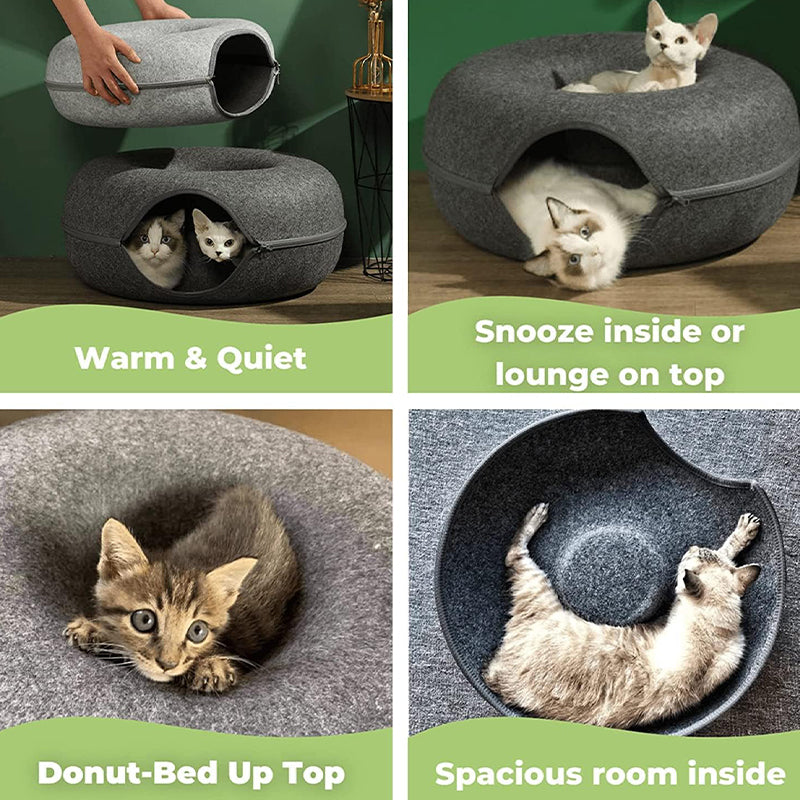Felt Cat Tunnel Bed Donut Cave Nest for Kittens & Small Pets - S 50x30cm - Light Grey