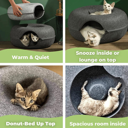 Felt Cat Tunnel Bed Donut Cave Nest for Kittens & Small Pets - S 50x30cm - Light Grey