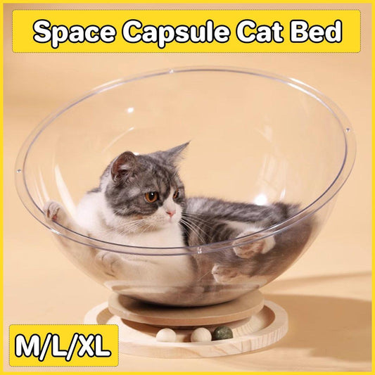 Acrylic Space Capsule Cat Bed - Semi-Closed, Turntable Base, L Size