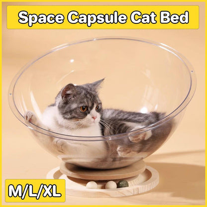 Acrylic Space Capsule Cat Bed - XL, Semi-Closed, Turntable Base, All-Season Use
