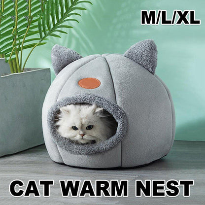 Cat Bed Winter Warm Enclosed Nest for Cold Weather - Plush, Grey, L