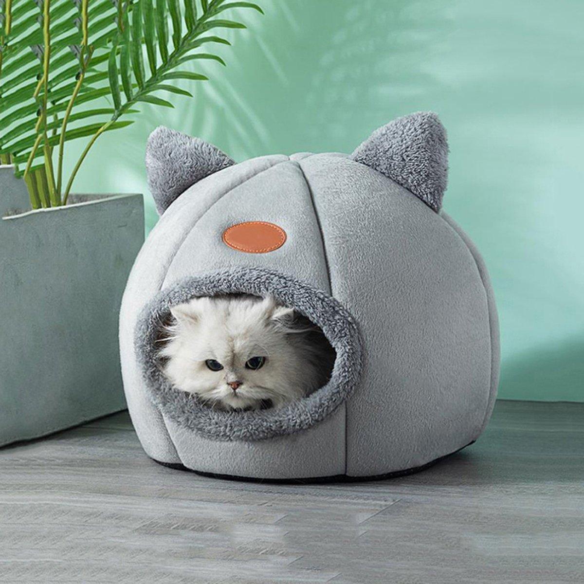 Cat Bed Winter Warm Enclosed Nest, Plush, Non-Slip, Grey, XL