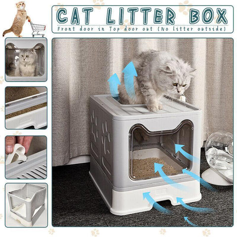 Cat Litter Box Enclosed Grey 51x41x38cm, Easy Clean, Foldable, Drawer Design - SuperSaverAU - view 1