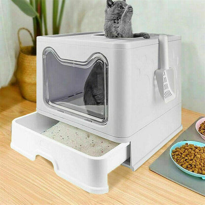 Cat Litter Box Enclosed Grey 51x41x38cm, Easy Clean, Foldable, Drawer Design