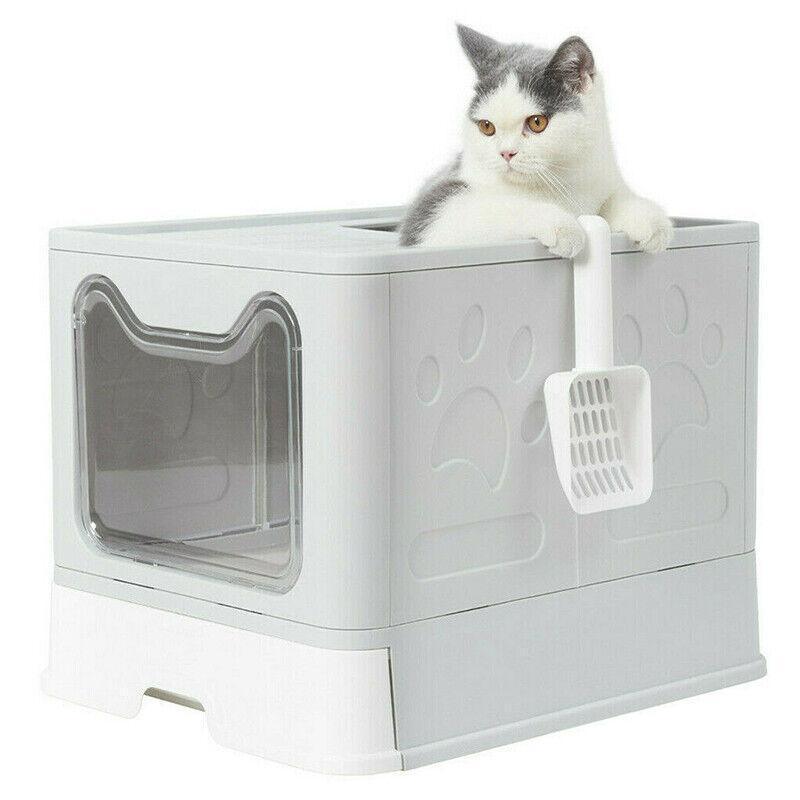 Cat Litter Box Enclosed Grey 51x41x38cm, Easy Clean, Foldable, Drawer Design