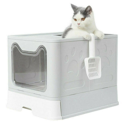 Cat Litter Box Enclosed Grey 51x41x38cm, Easy Clean, Foldable, Drawer Design