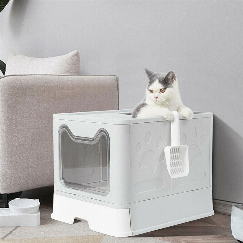 Cat Litter Box Enclosed Grey 51x41x38cm, Easy Clean, Foldable, Drawer Design