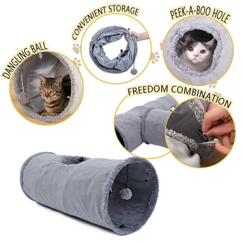 Suede Cat Tunnel Pet Toy - M-130x30cm, Soft, Extendable, Portable