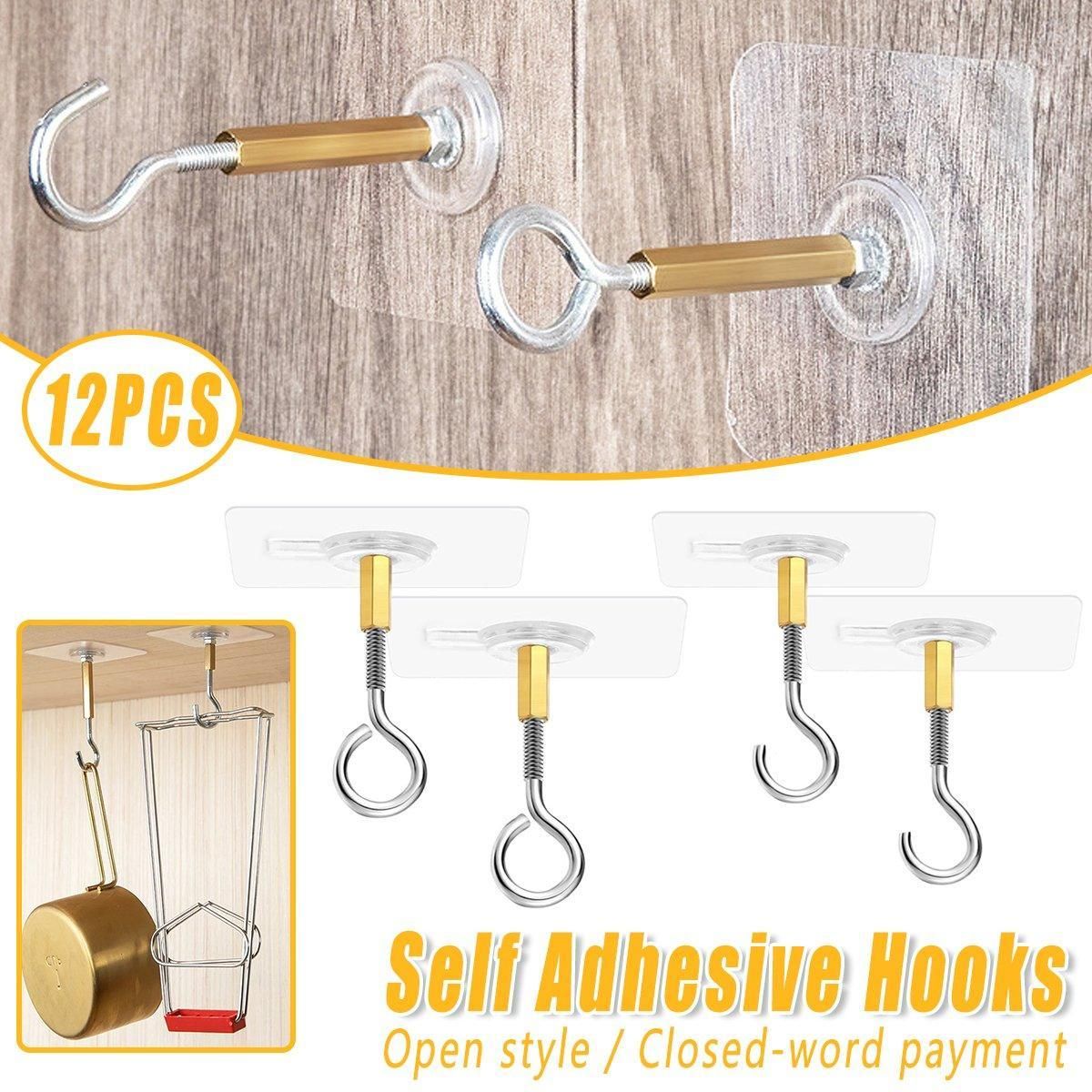 Premium 12 Pack Open Stainless Steel Self Adhesive Ceiling Hooks Heavy Duty