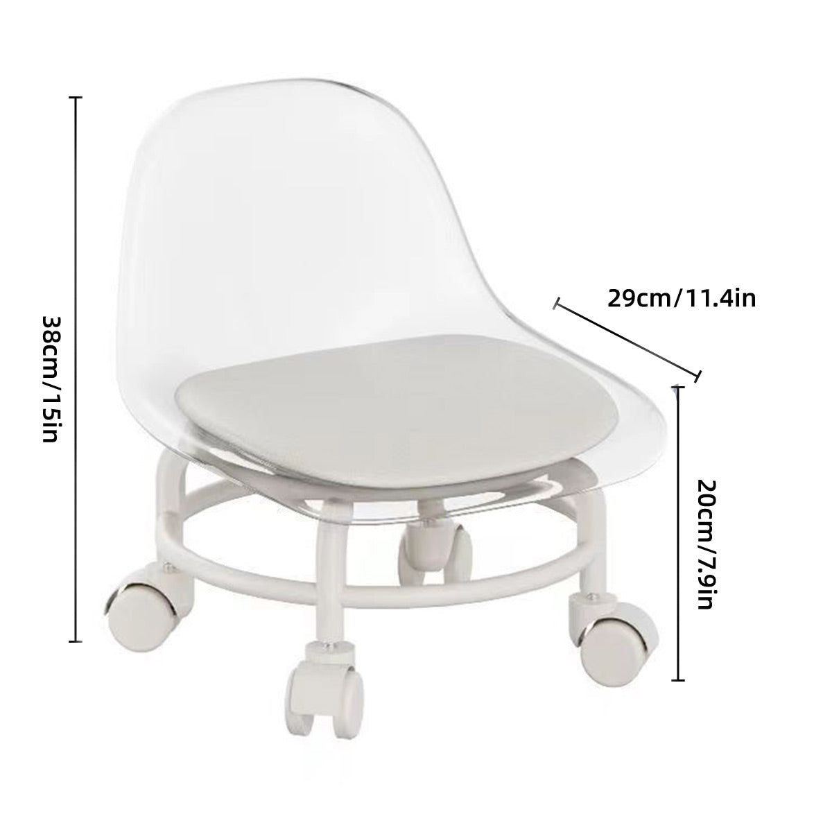 Grey Stool with Universal Wheels and Backrest - Comfortable Short Stool