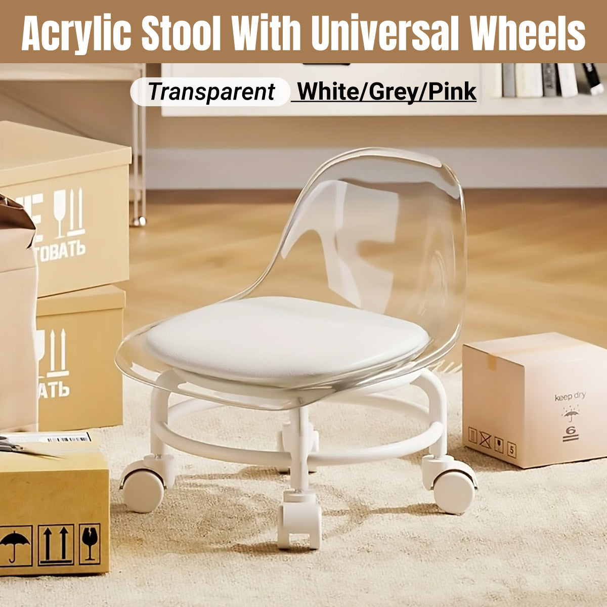 Premium White Small Stool with Universal Wheels and Backrest Portable Seat