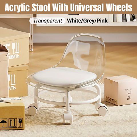 Premium White Small Stool with Universal Wheels and Backrest Portable Seat