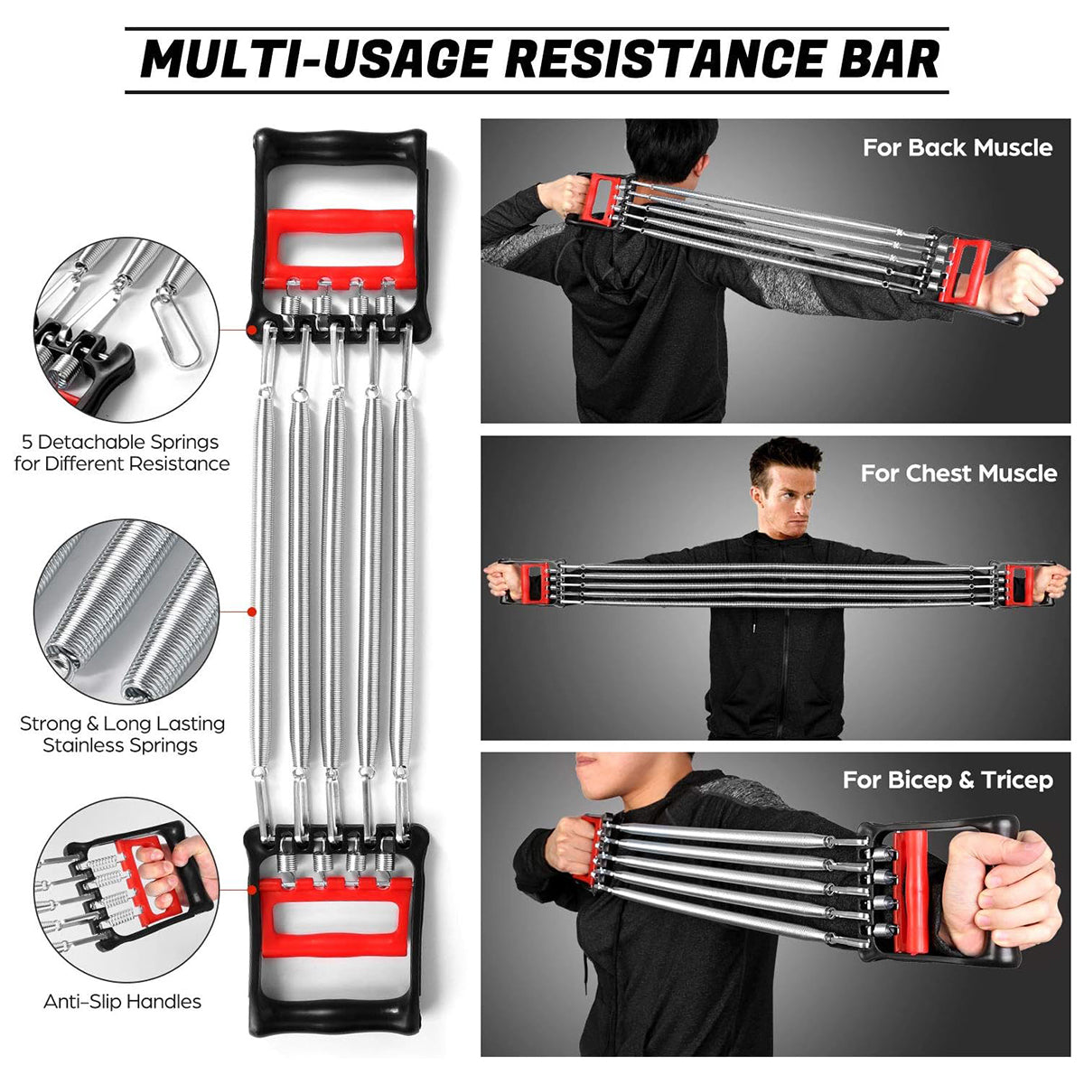 Premium Spring Chest Expander & Hand Grip Strengthener with Non-Slip Handles - Red/Black