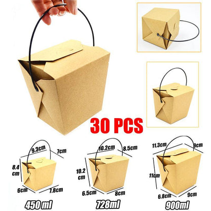 30PCS Kraft Paper Noodle Boxes with Handle Disposable Takeaway Food Containers - 728ml