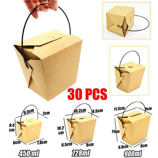 30PCS Kraft Paper Noodle Boxes with Handle Disposable Takeaway Food Containers - 728ml