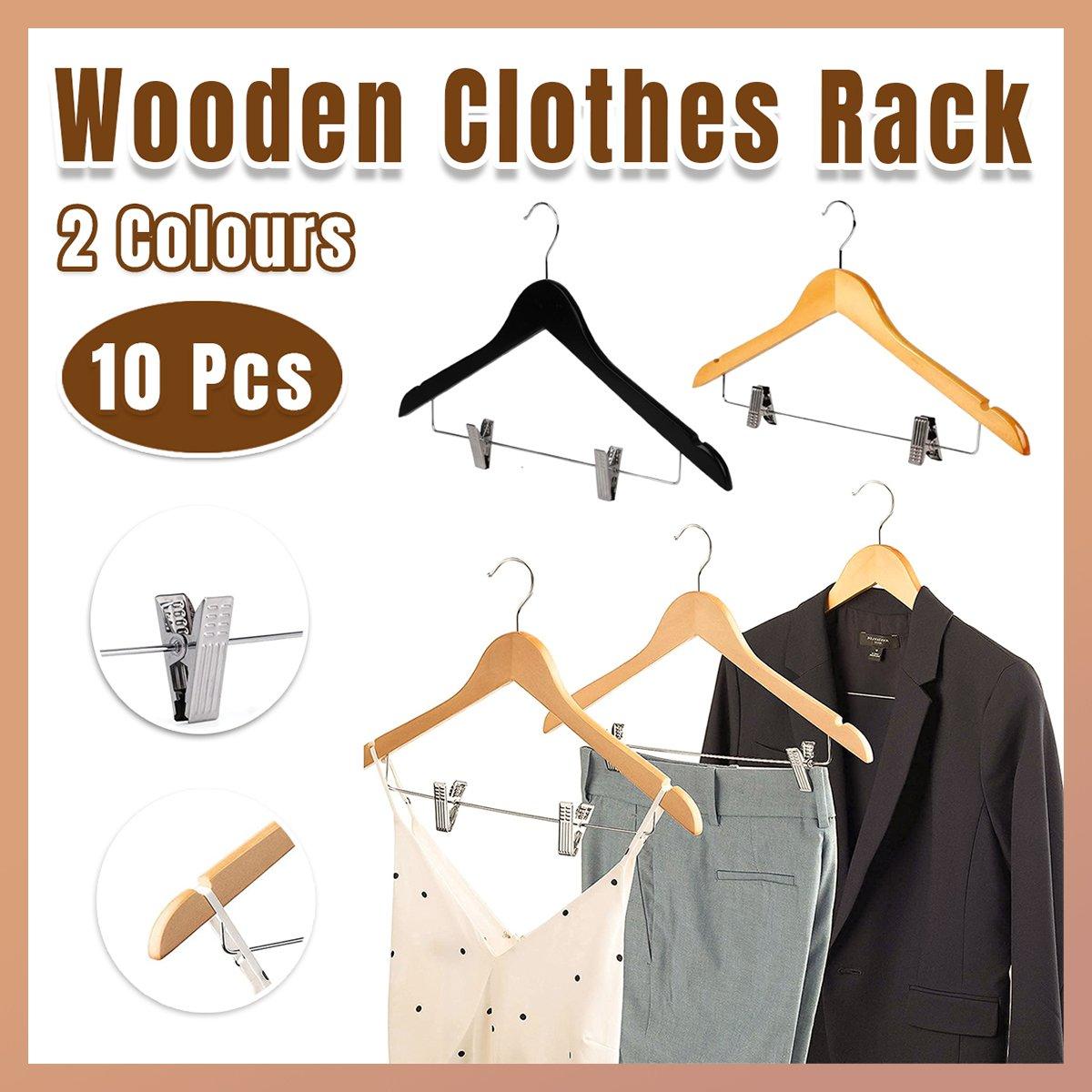 10 Pcs Wooden Non-Slip Wide Shoulder Clothes Hanger with Clip - Black 44.5cm