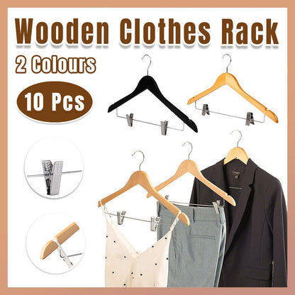 10 Pcs Wooden Non-Slip Wide Shoulder Clothes Hanger with Clip - Black 44.5cm