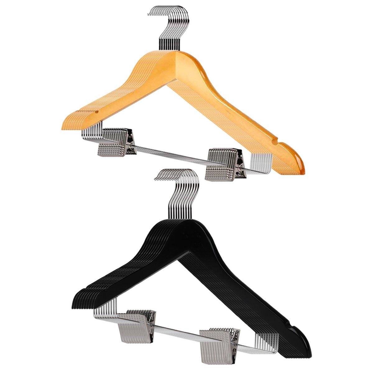 10 Pcs Wooden Non-Slip Wide Shoulder Clothes Hanger with Clip - Black 44.5cm