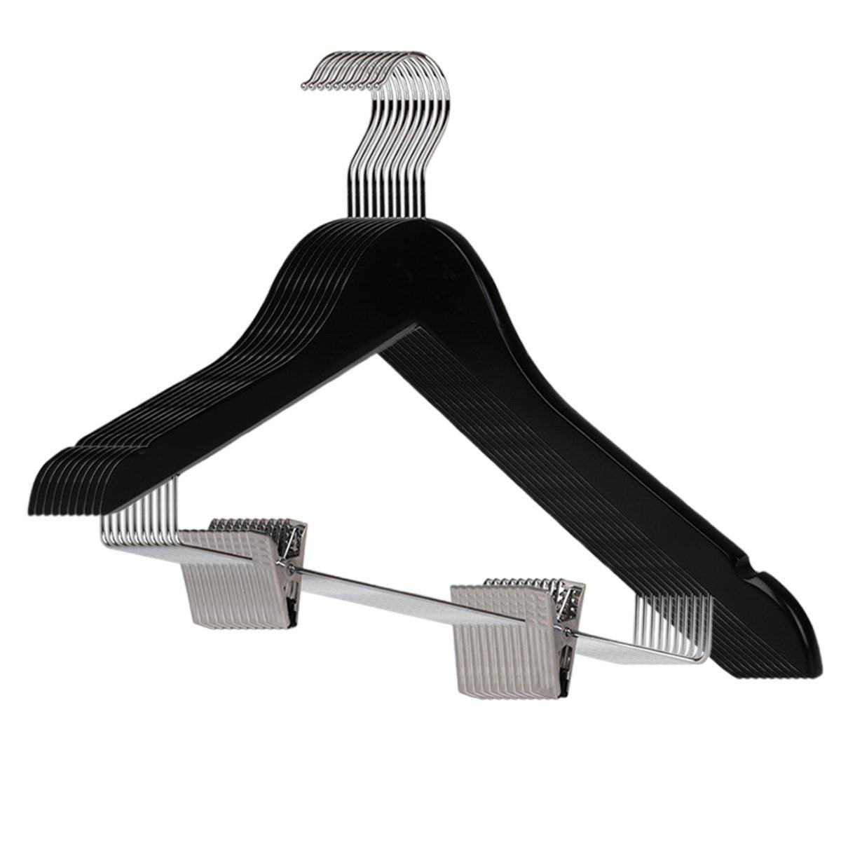 10 Pcs Wooden Non-Slip Wide Shoulder Clothes Hanger with Clip - Black 44.5cm
