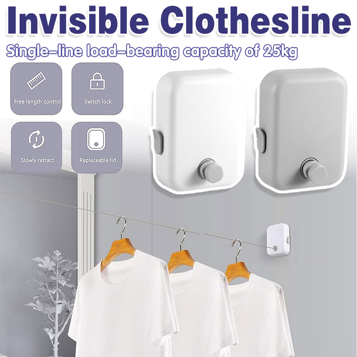 Retractable Stainless Steel Clothesline 4.3m, 25kg Load Capacity, Wall-Mounted