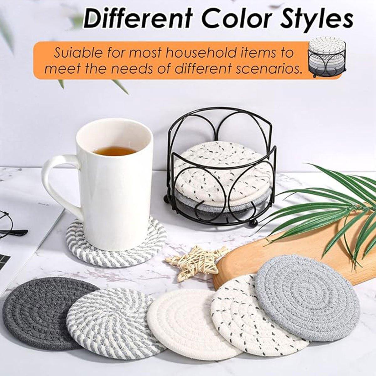 Premium Round Cotton Woven Coasters – Brown 8 Pack with Rack