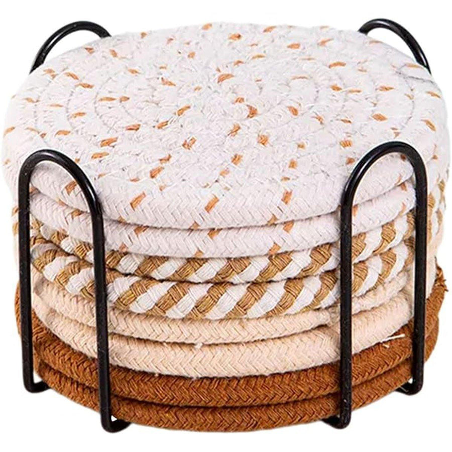 Premium Round Cotton Woven Coasters – Brown 8 Pack with Rack