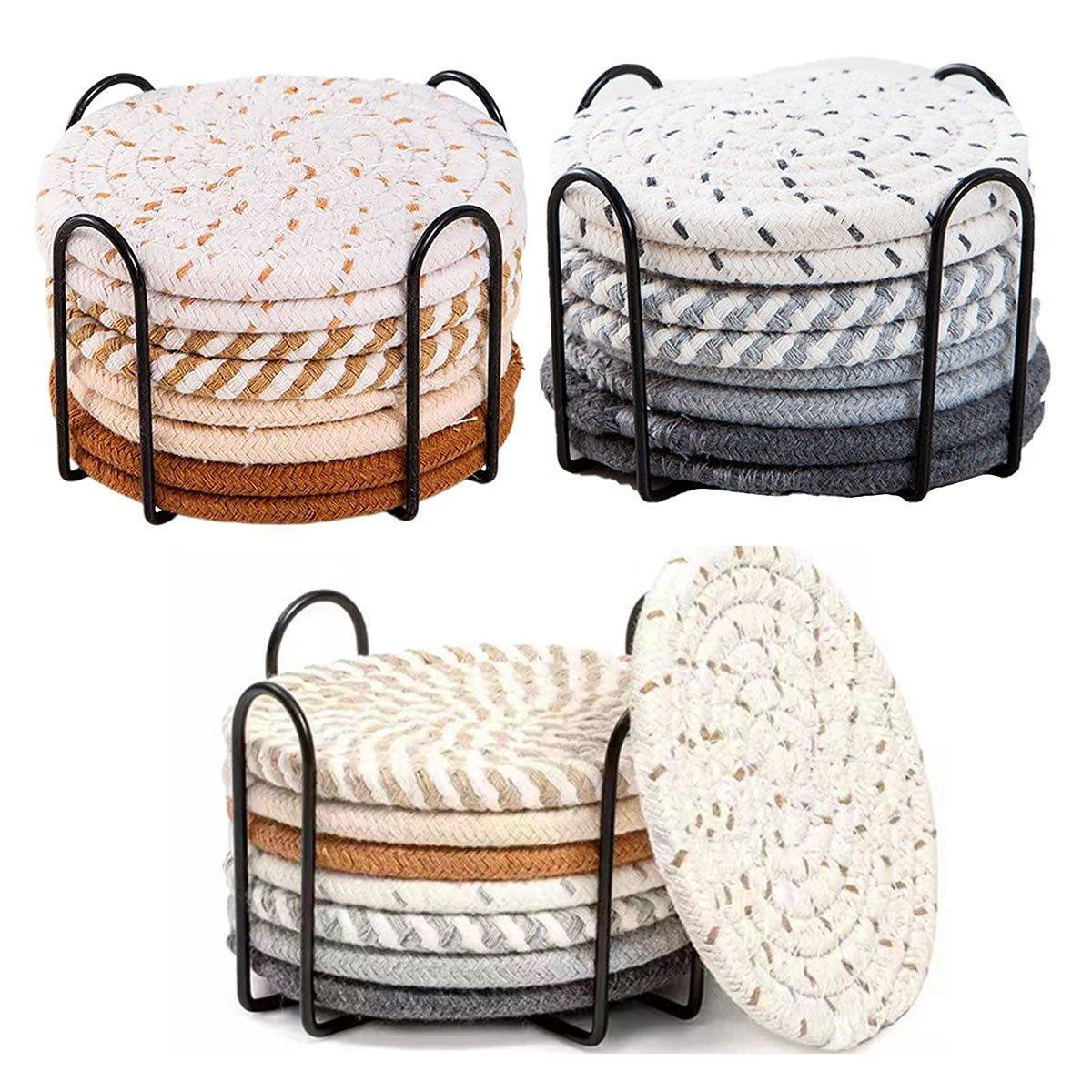 Premium Round Cotton Woven Coasters – Grey 8 Pack with Rack