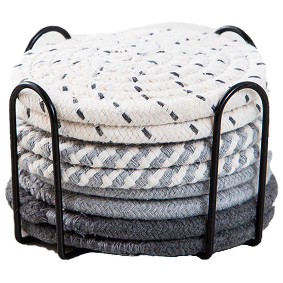 Premium Round Cotton Woven Coasters – Grey 8 Pack with Rack