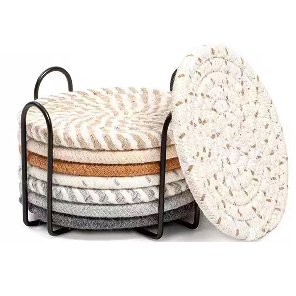Premium Round Cotton Woven Coasters – Mixed 8 Pack with Rack