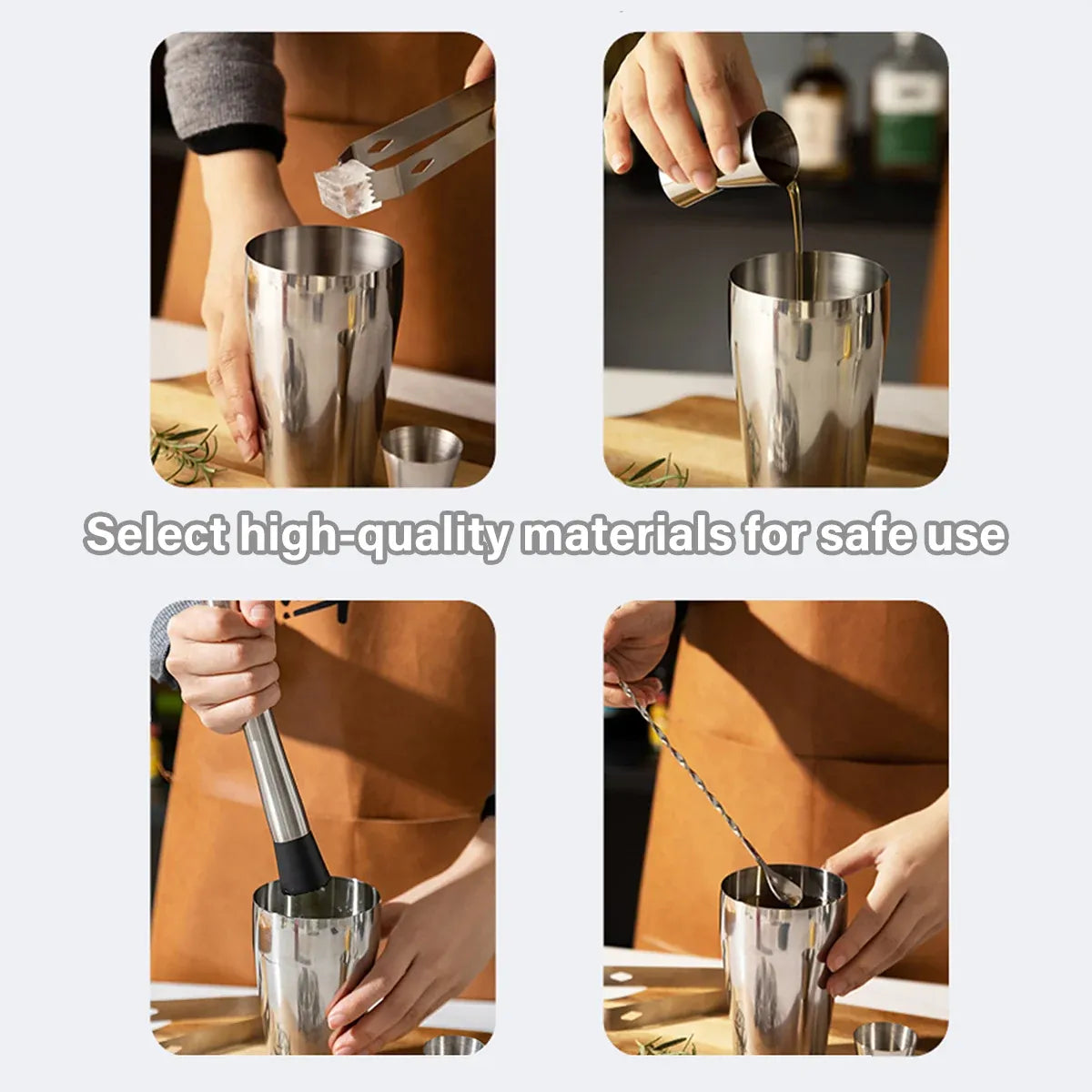 Cocktail Shaker Set 750ml Stainless Steel Bar Tools with Bamboo Stand