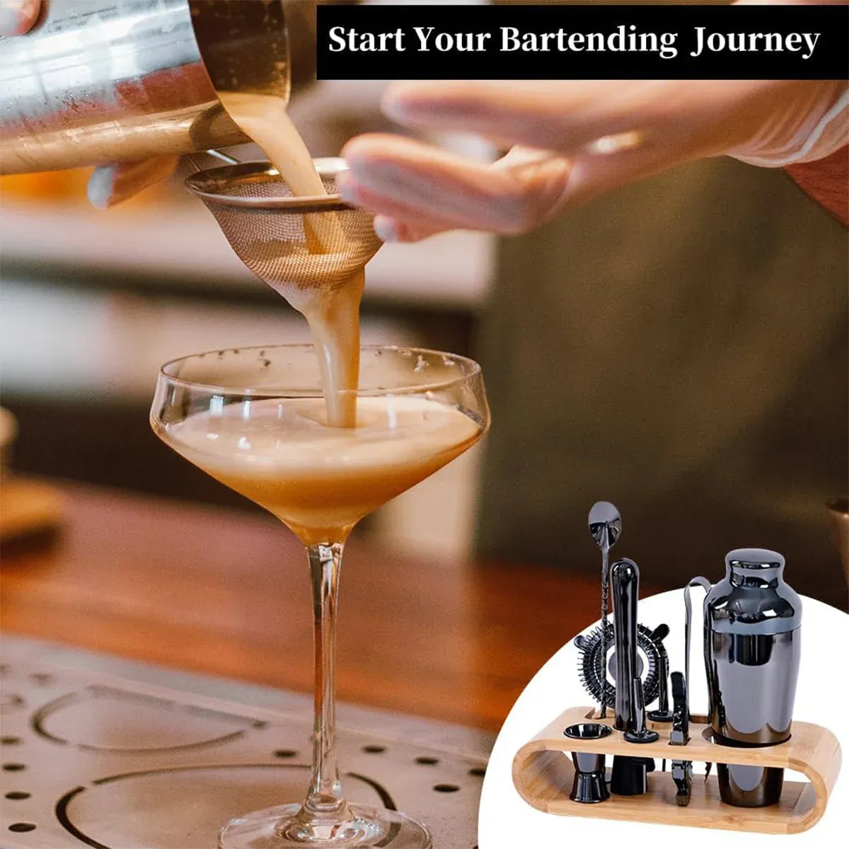 Cocktail Shaker Set 750ml Stainless Steel Bar Tools with Bamboo Stand