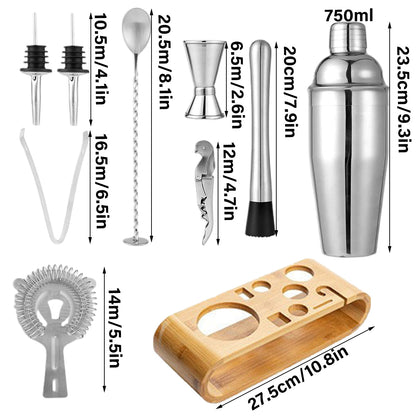 Cocktail Shaker Set 750ml Stainless Steel Bar Tools with Bamboo Stand