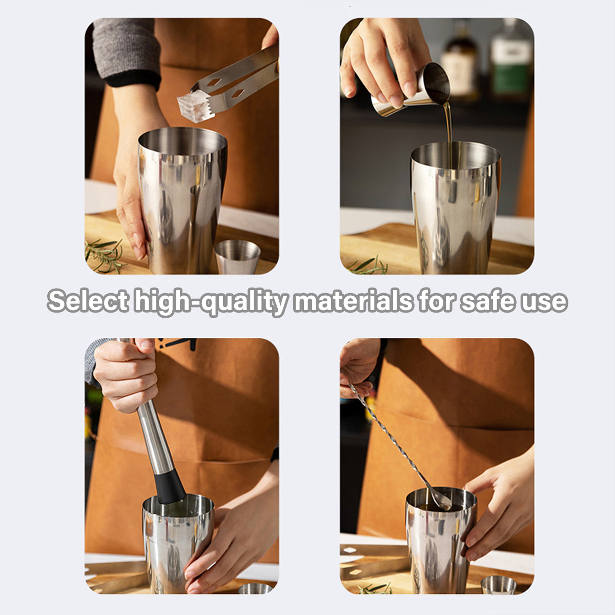 Cocktail Shaker Set 750ml Stainless Steel Bar Tools with Bamboo Stand