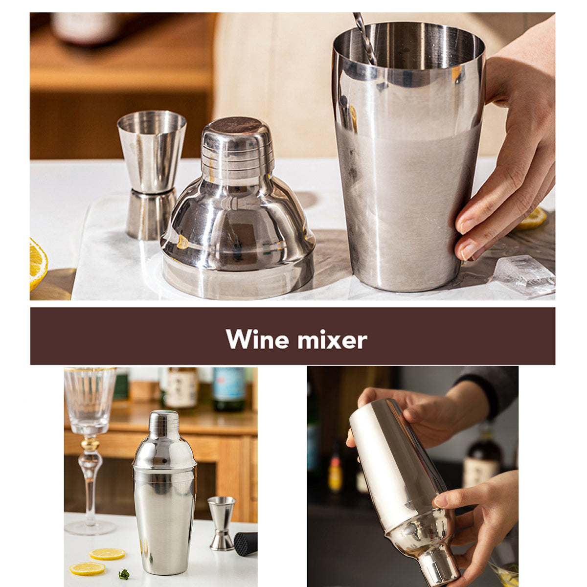 Cocktail Shaker Set 750ml Stainless Steel Bar Tools with Bamboo Stand